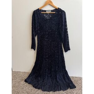 Vintage Caron Joy Sheer‎ Velvet Burnout Dress Floral Long Sleeve Maxi Evening